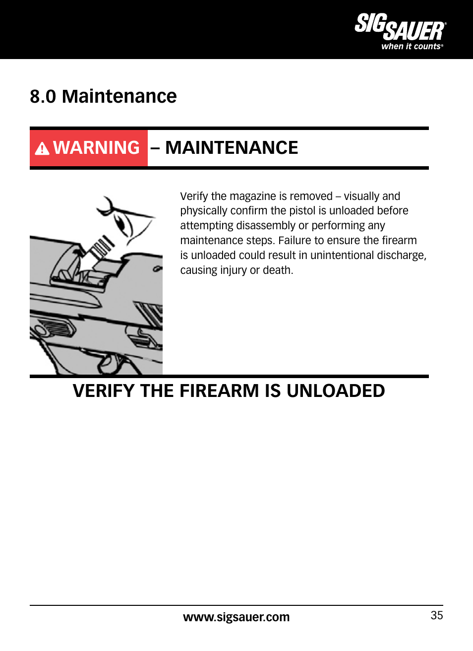 0 maintenance, Warning – maintenance, Verify the firearm is unloaded | SIG SAUER P938P User Manual | Page 35 / 68