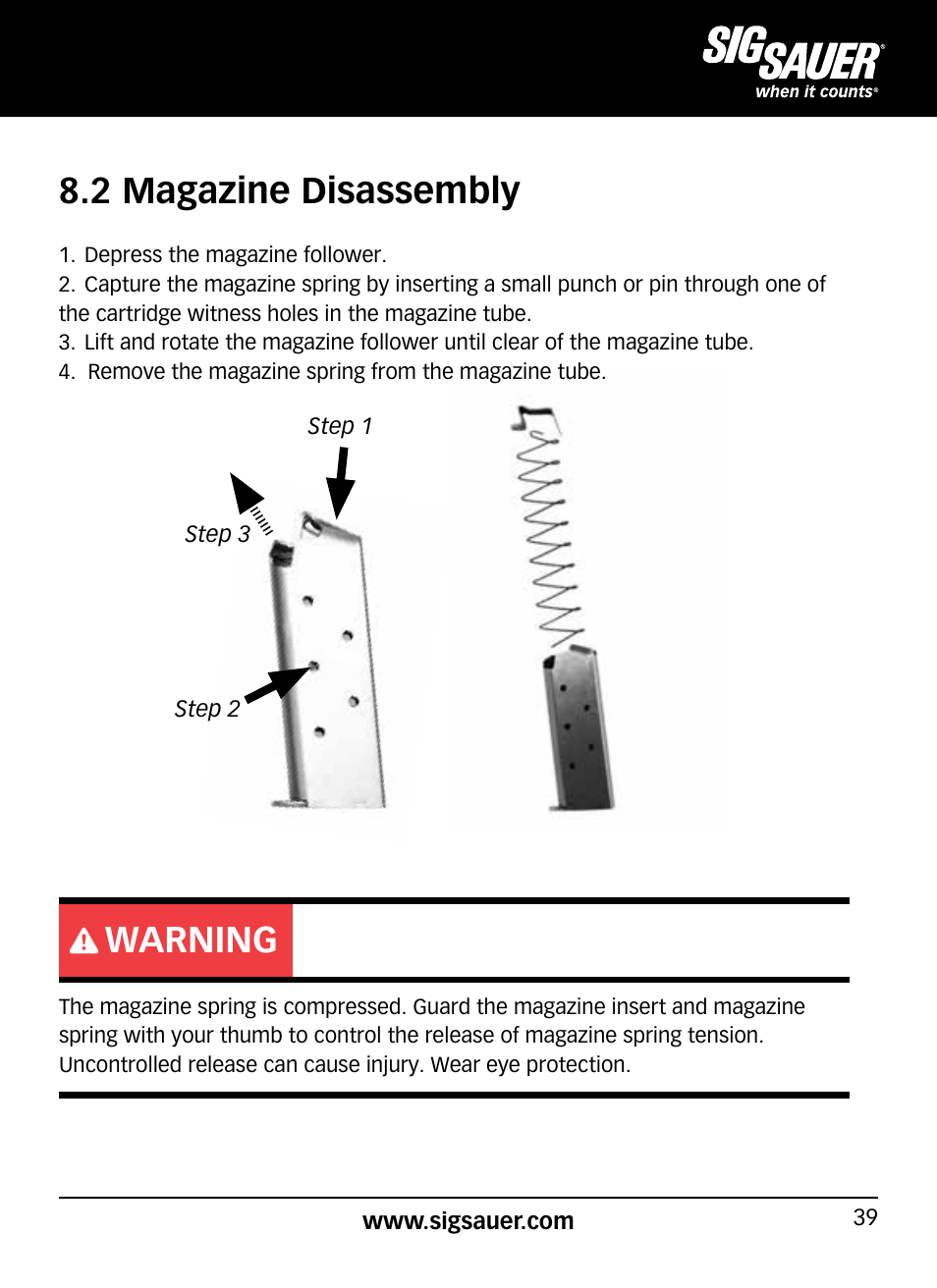 Warning, 2 magazine disassembly | SIG SAUER P938P User Manual | Page 39 / 68