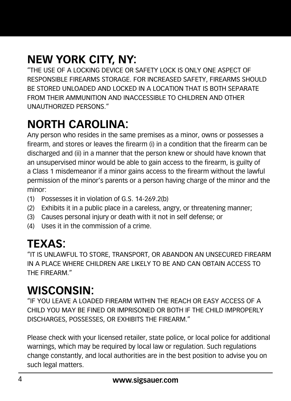 New york city, ny, North carolina, Texas | Wisconsin | SIG SAUER P938P User Manual | Page 4 / 68