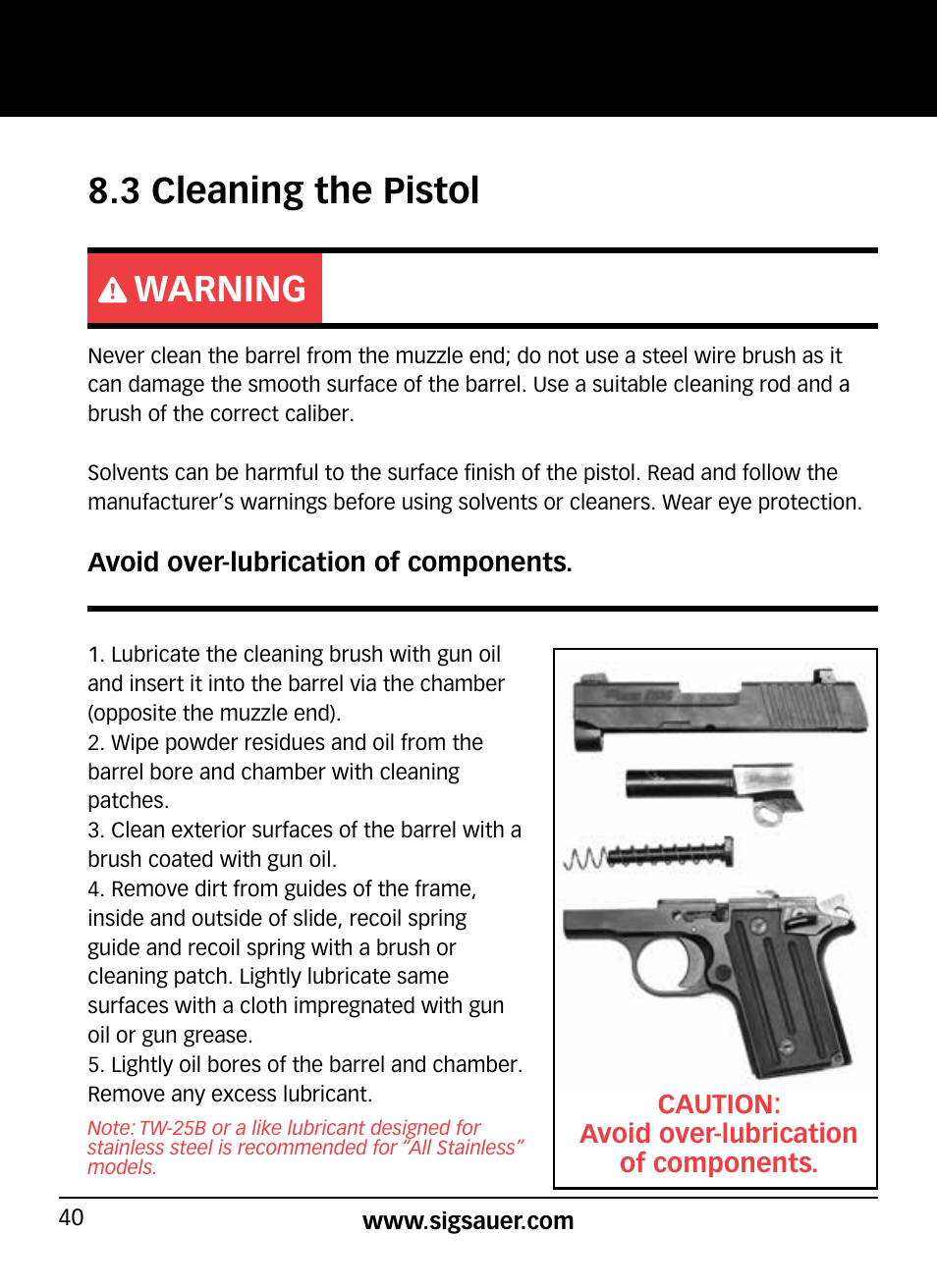 3 cleaning the pistol, Warning | SIG SAUER P938P User Manual | Page 40 / 68