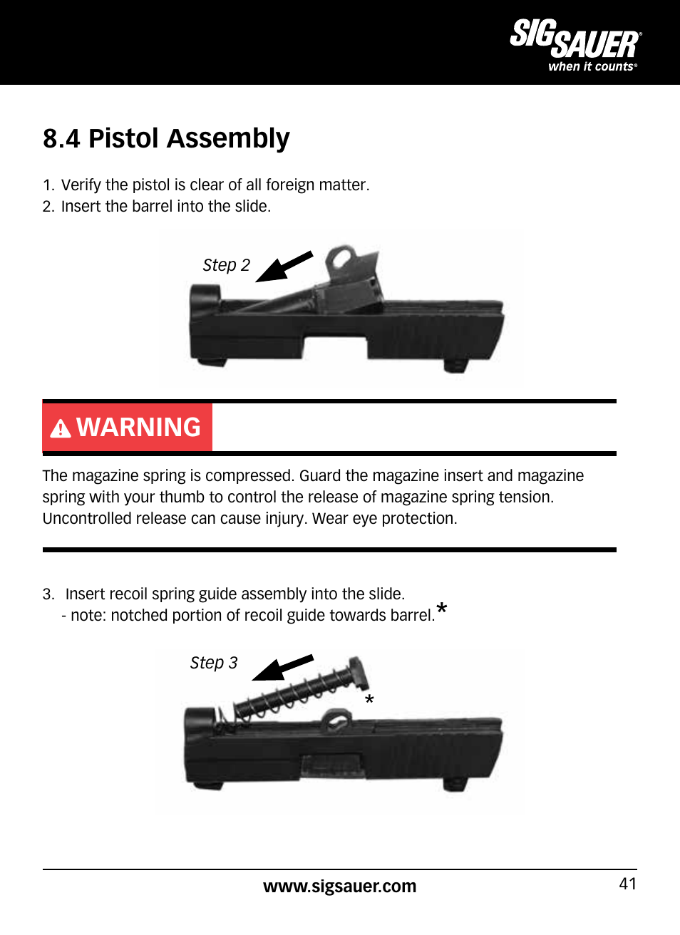 Warning, 4 pistol assembly | SIG SAUER P938P User Manual | Page 41 / 68