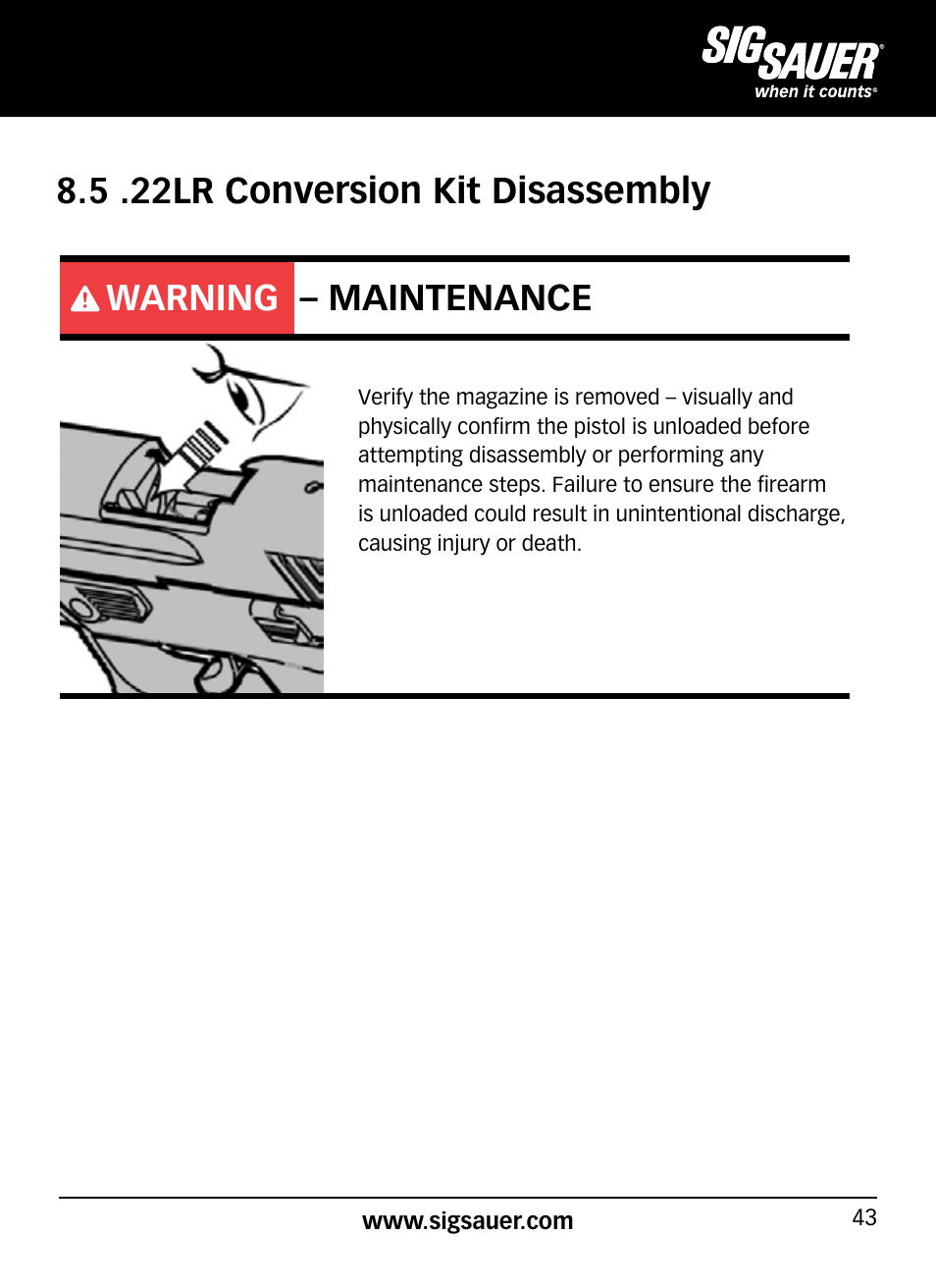 5 .22lr conversion kit disassembly, Warning – maintenance | SIG SAUER P938P User Manual | Page 43 / 68