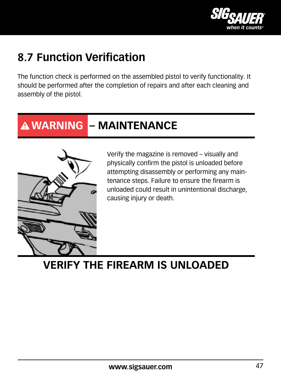 7 function verification, Warning – maintenance, Verify the firearm is unloaded | SIG SAUER P938P User Manual | Page 47 / 68