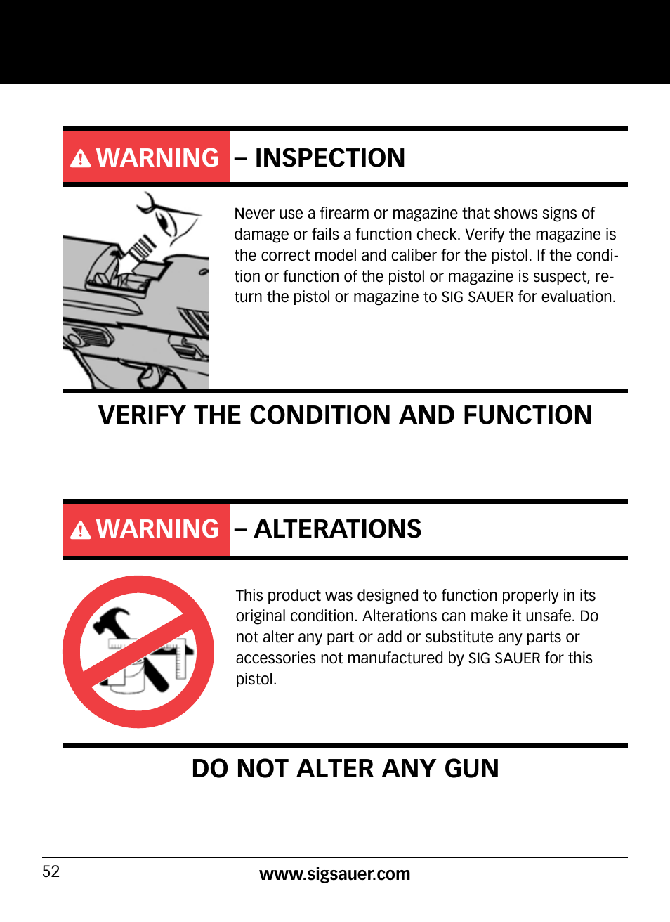 Warning – inspection, Verify the condition and function, Warning – alterations | Do not alter any gun | SIG SAUER P938P User Manual | Page 52 / 68