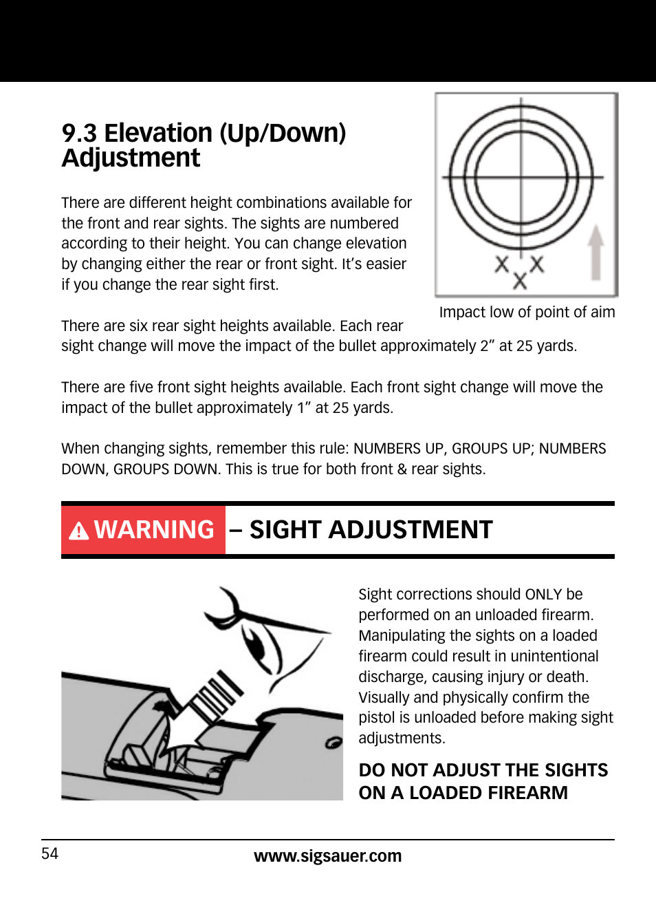 3 elevation (up/down) adjustment, Warning – sight adjustment | SIG SAUER P938P User Manual | Page 54 / 68