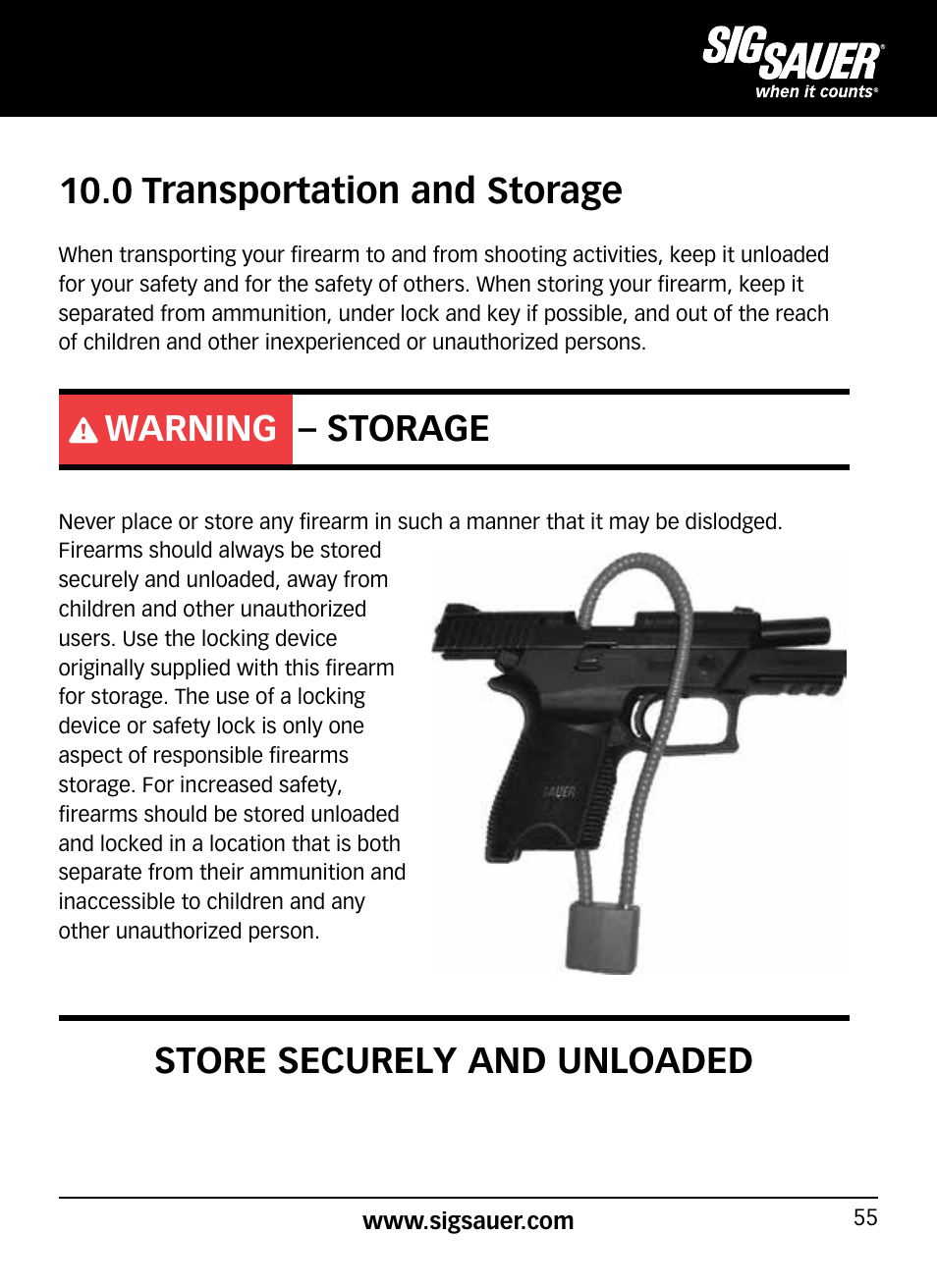 0 transportation and storage, Warning – storage, Store securely and unloaded | SIG SAUER P938P User Manual | Page 55 / 68