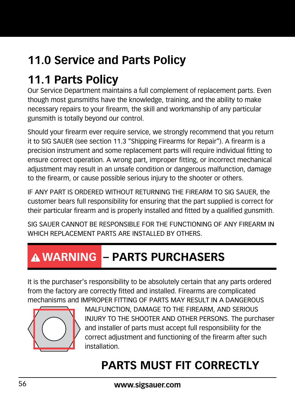 0 service and parts policy 11.1 parts policy, Warning – parts purchasers, Parts must fit correctly | SIG SAUER P938P User Manual | Page 56 / 68