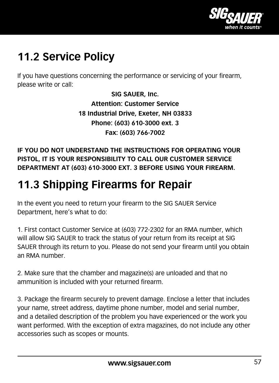 2 service policy, 3 shipping firearms for repair | SIG SAUER P938P User Manual | Page 57 / 68