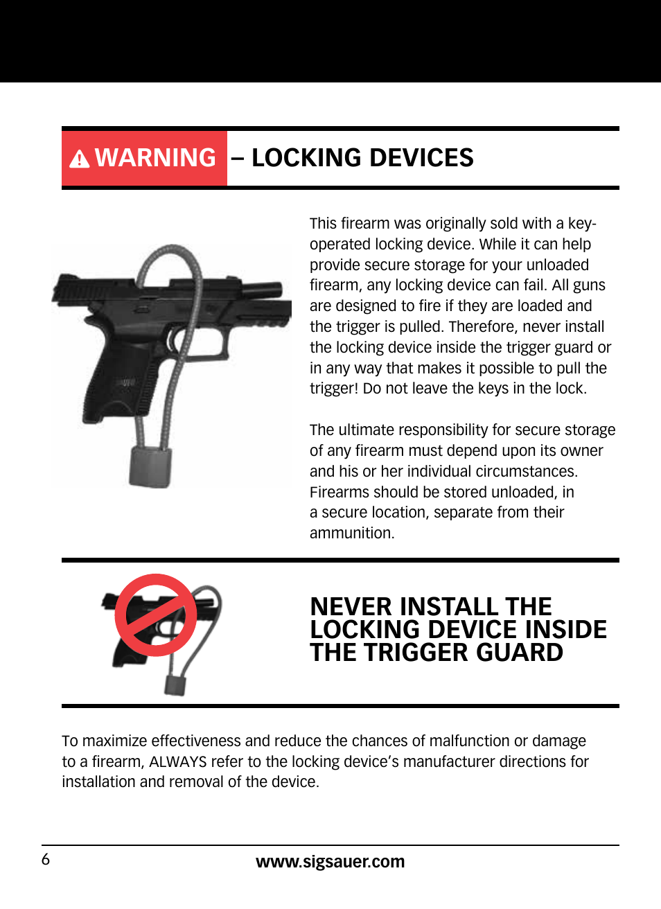Warning – locking devices | SIG SAUER P938P User Manual | Page 6 / 68