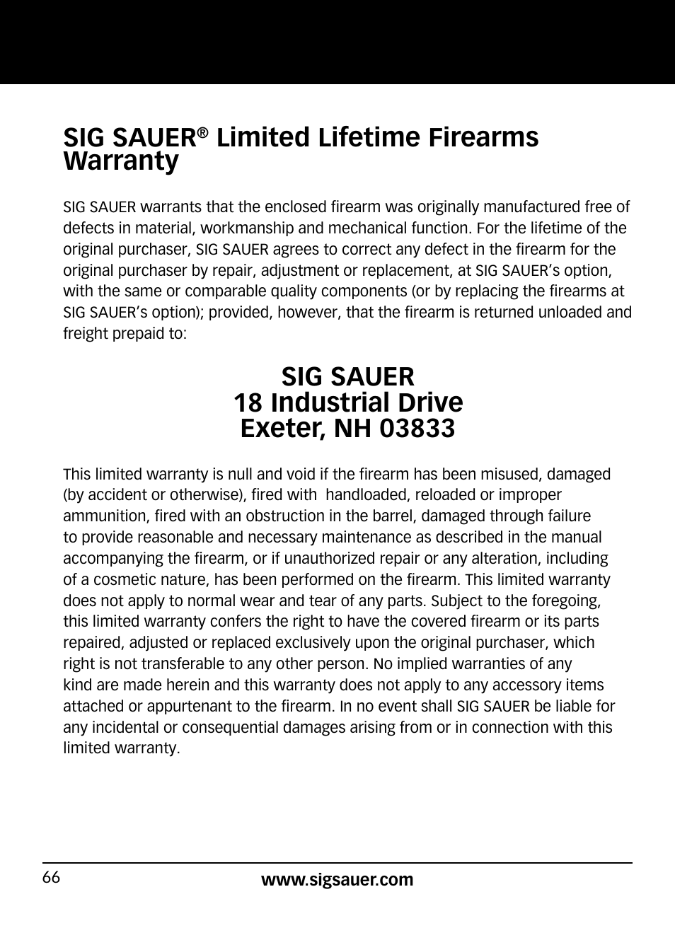 Sig sauer, Limited lifetime firearms warranty | SIG SAUER P938P User Manual | Page 66 / 68