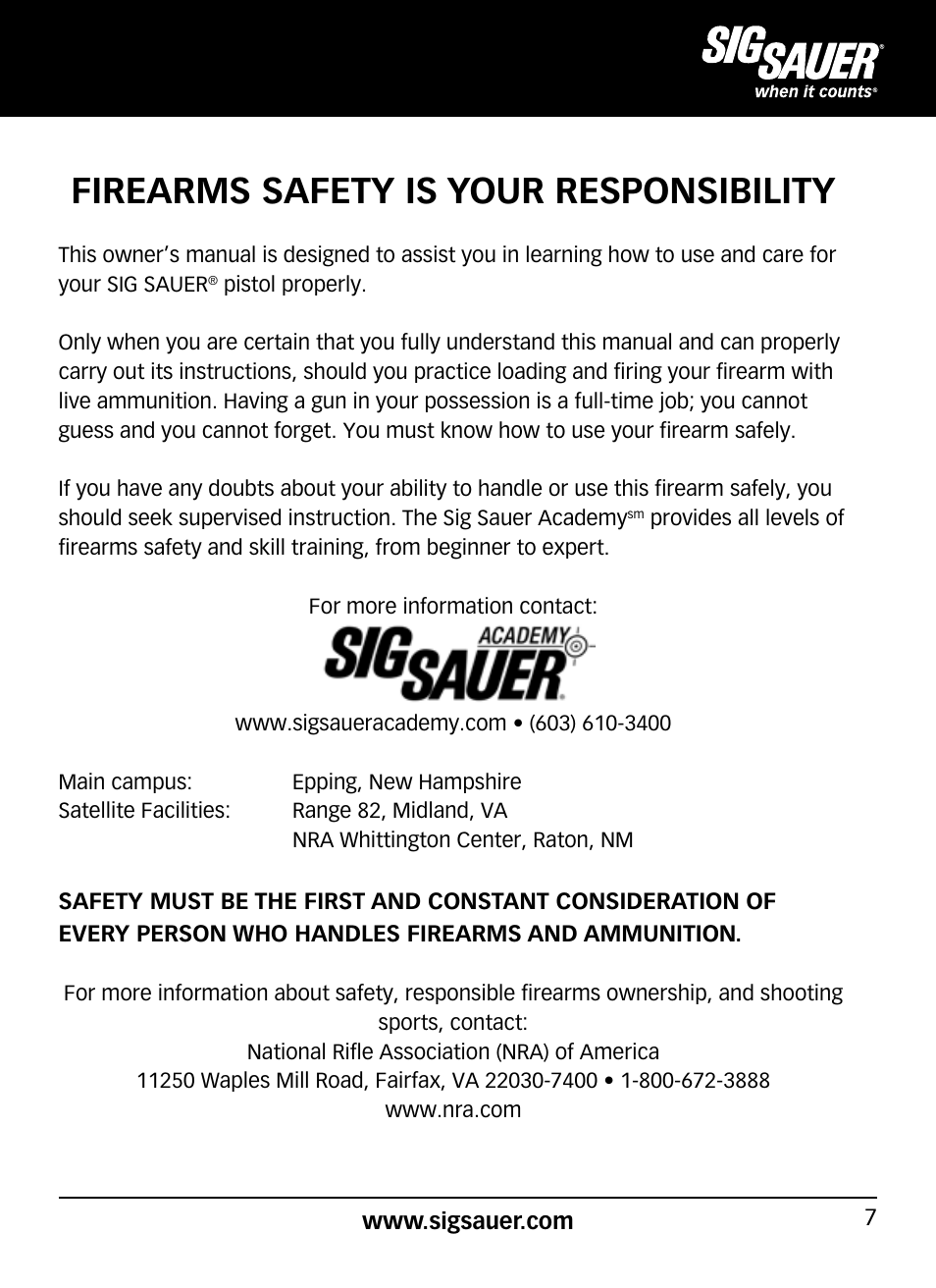 Firearms safety is your responsibility | SIG SAUER P938P User Manual | Page 7 / 68