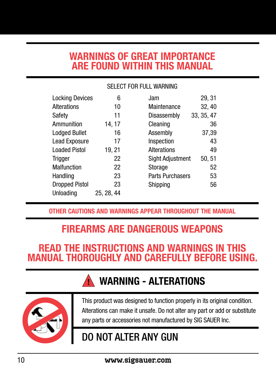 Do not alter any gun | SIG SAUER P250 User Manual | Page 10 / 68