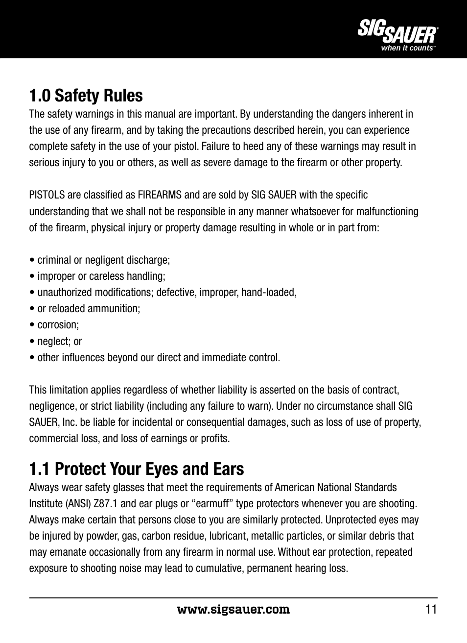 0 safety rules, 1 protect your eyes and ears | SIG SAUER P250 User Manual | Page 11 / 68