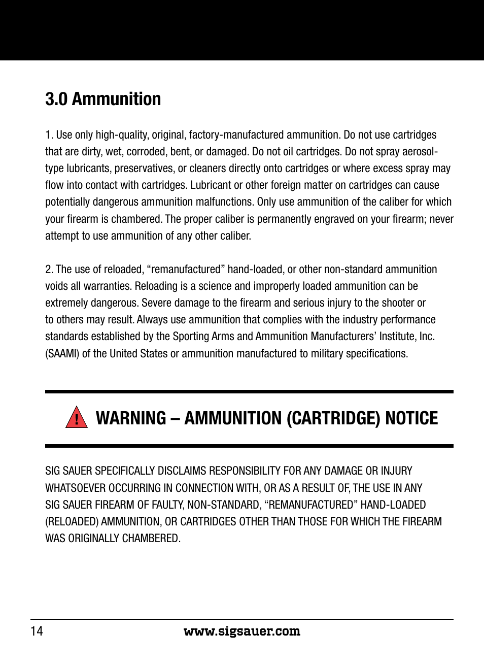 0 ammunition, Warning – ammunition (cartridge) notice | SIG SAUER P250 User Manual | Page 14 / 68