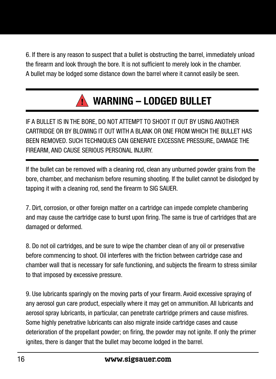 Warning – lodged bullet | SIG SAUER P250 User Manual | Page 16 / 68