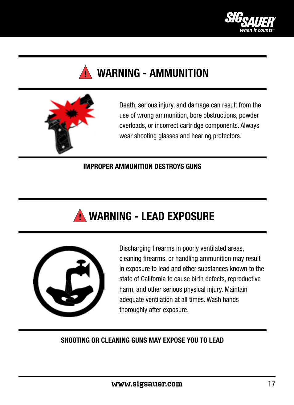 Warning - ammunition, Warning - lead exposure | SIG SAUER P250 User Manual | Page 17 / 68