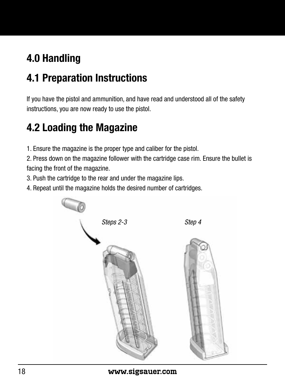 0 handling 4.1 preparation instructions, 2 loading the magazine | SIG SAUER P250 User Manual | Page 18 / 68