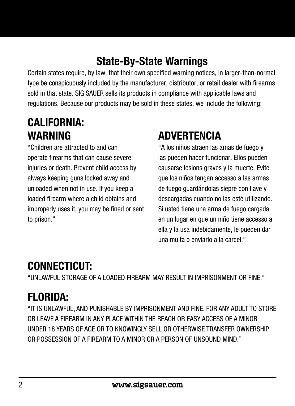 State-by-state warnings, California: connecticut, Florida | Warning, Advertencia | SIG SAUER P250 User Manual | Page 2 / 68