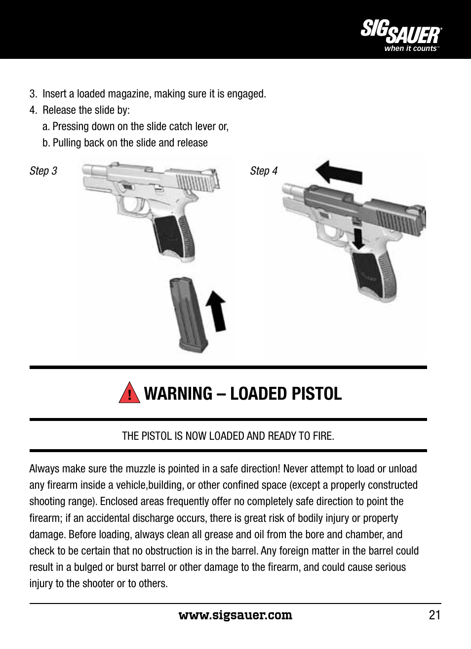 Warning – loaded pistol | SIG SAUER P250 User Manual | Page 21 / 68