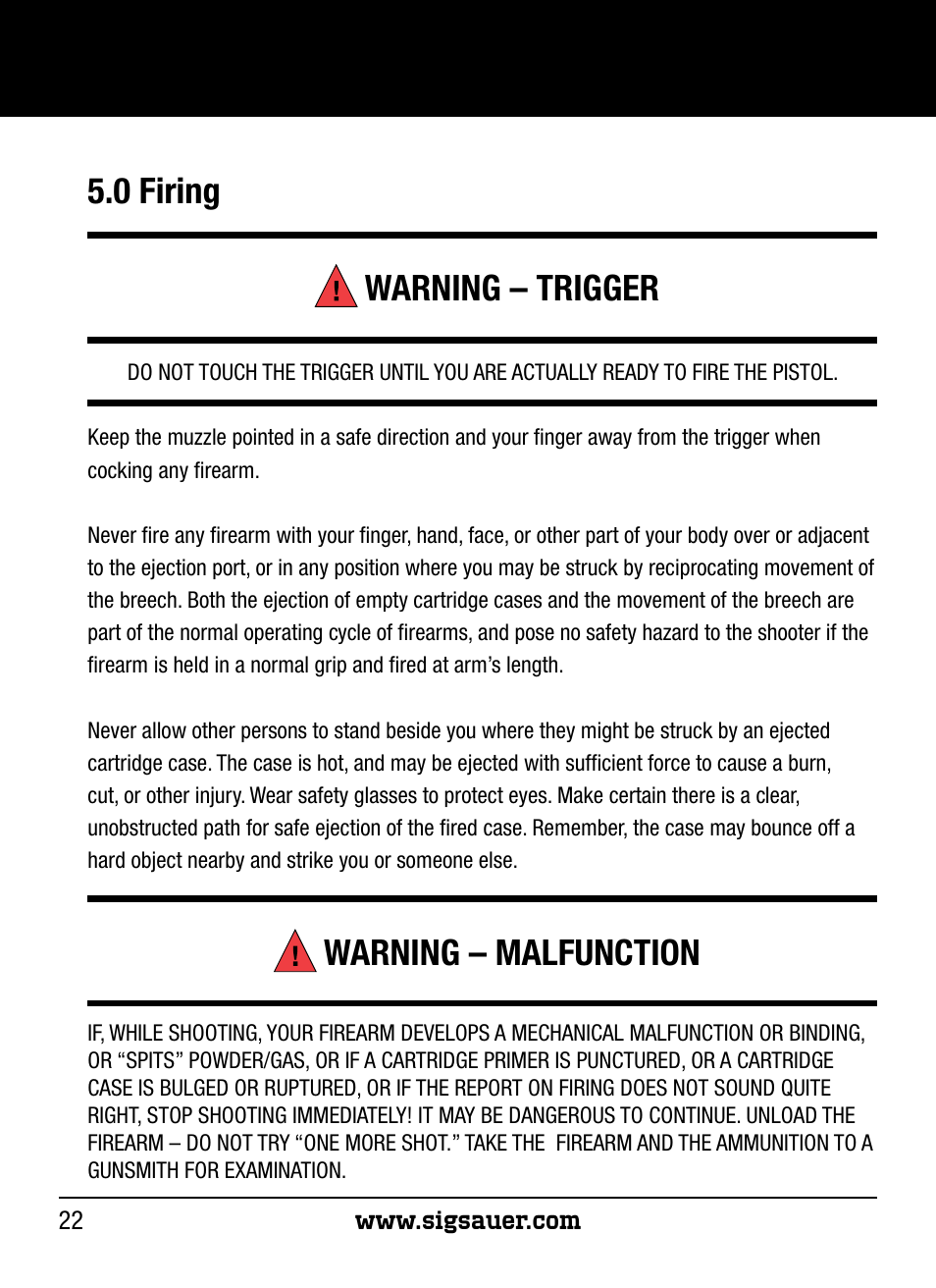 0 firing warning – trigger, Warning – malfunction | SIG SAUER P250 User Manual | Page 22 / 68