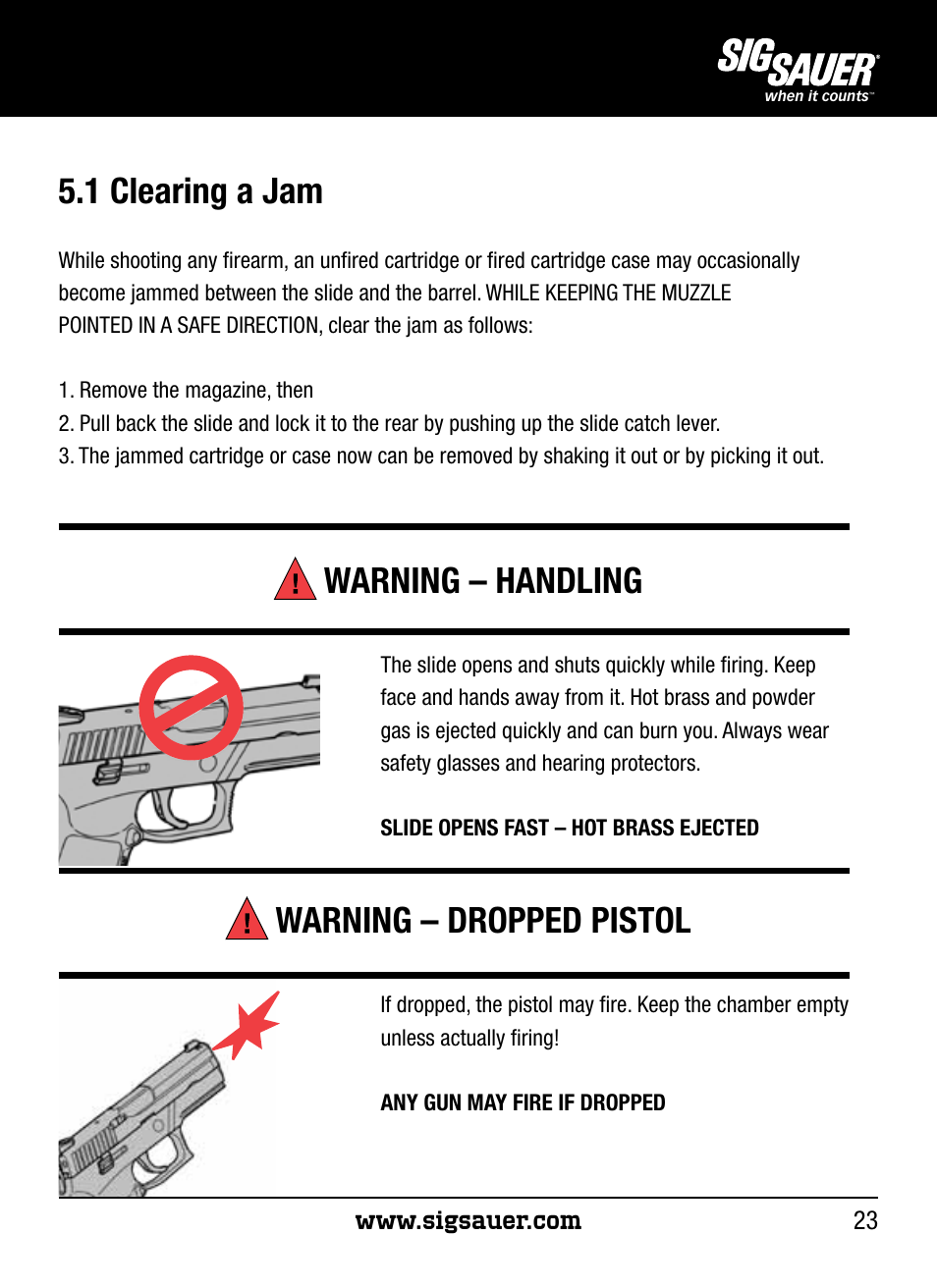 1 clearing a jam, Warning – handling, Warning – dropped pistol | SIG SAUER P250 User Manual | Page 23 / 68