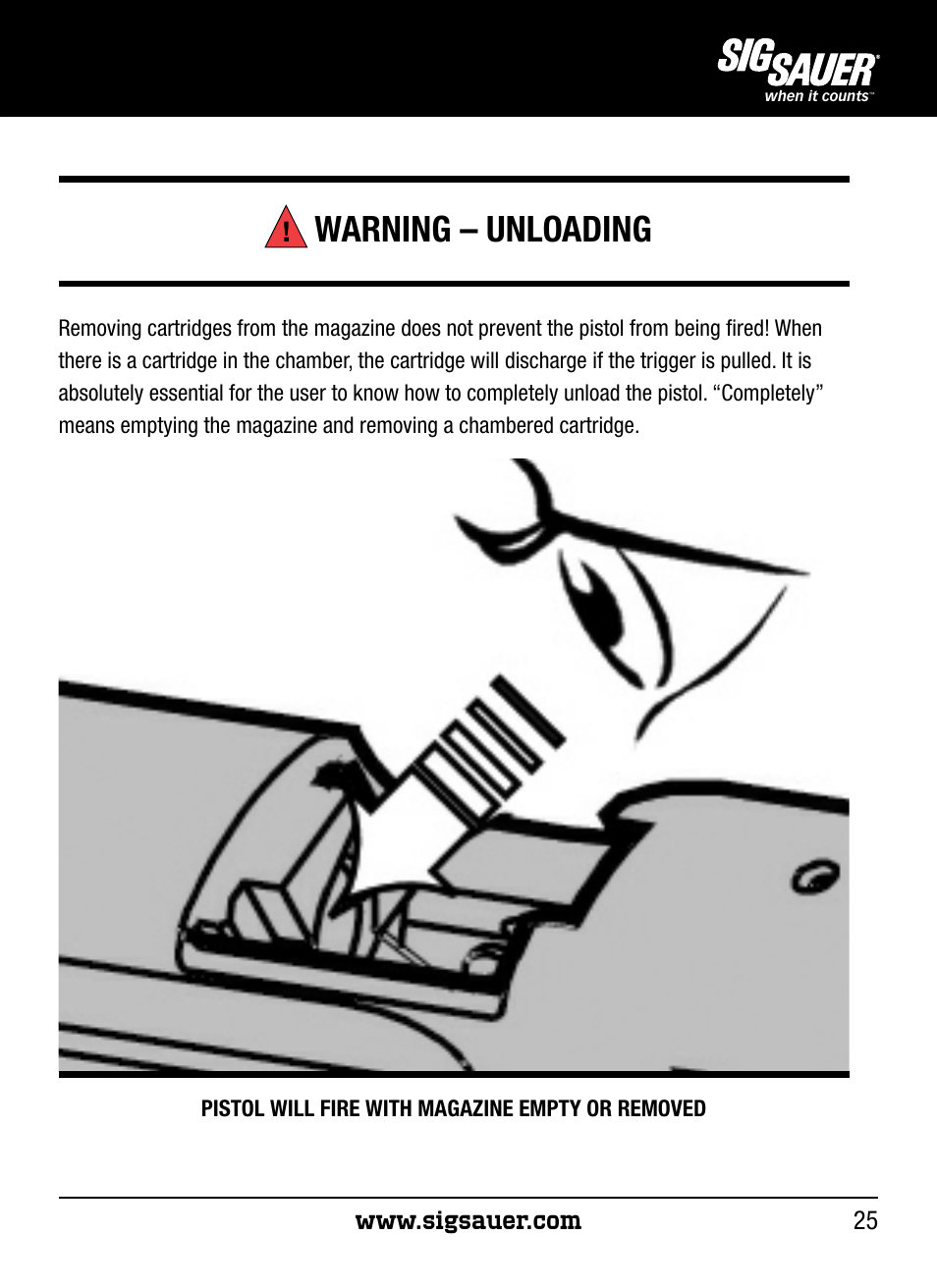 Warning – unloading | SIG SAUER P250 User Manual | Page 25 / 68
