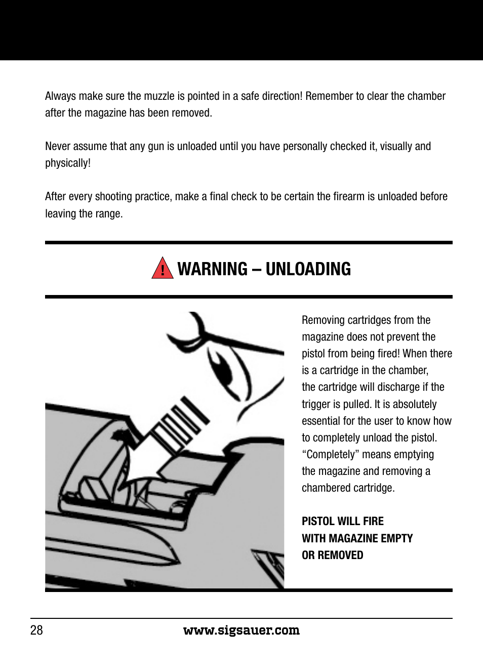Warning – unloading | SIG SAUER P250 User Manual | Page 28 / 68