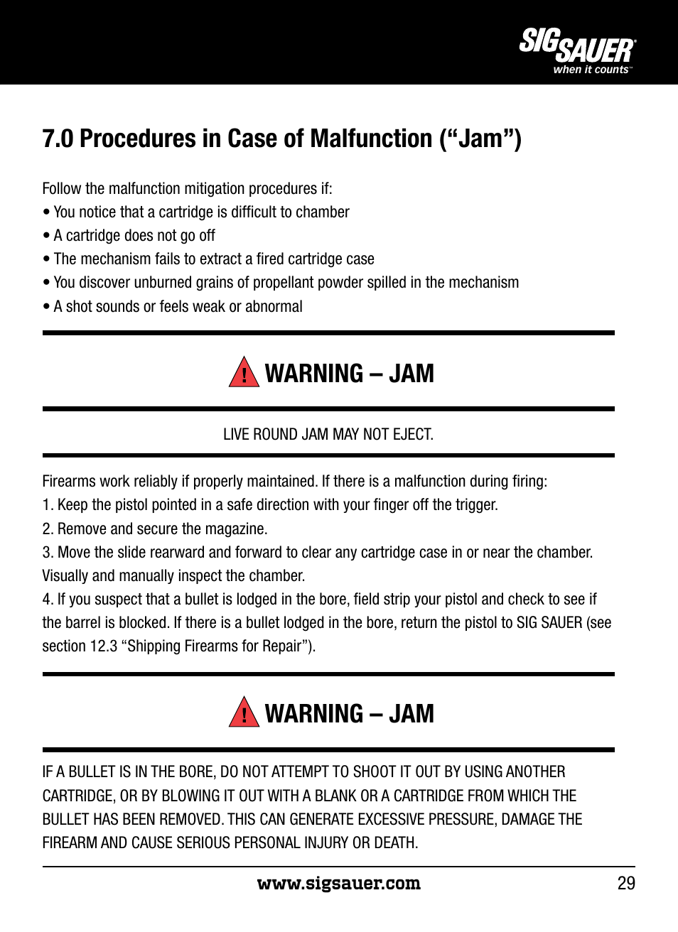 0 procedures in case of malfunction (“jam”), Warning – jam | SIG SAUER P250 User Manual | Page 29 / 68