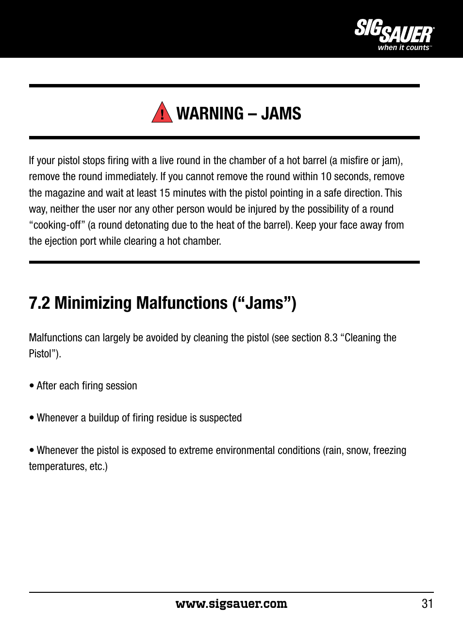 Warning – jams, 2 minimizing malfunctions (“jams”) | SIG SAUER P250 User Manual | Page 31 / 68