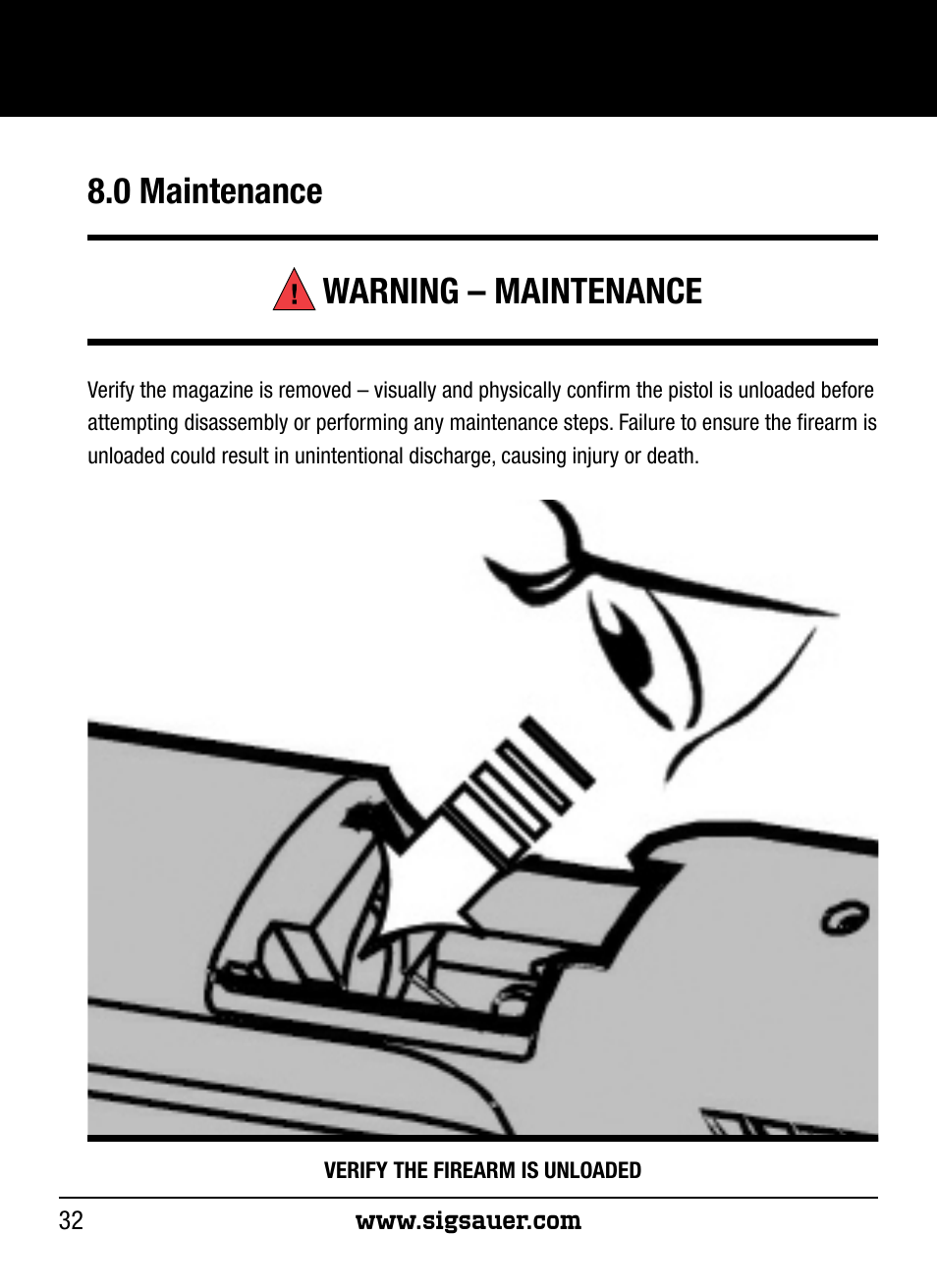 0 maintenance warning – maintenance | SIG SAUER P250 User Manual | Page 32 / 68
