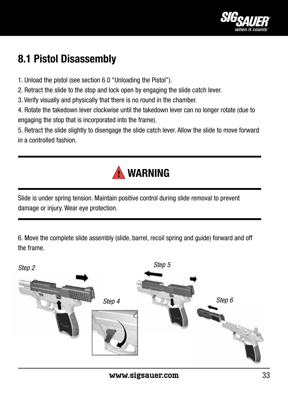 1 pistol disassembly, Warning | SIG SAUER P250 User Manual | Page 33 / 68