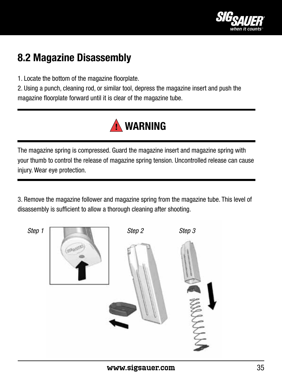 2 magazine disassembly, Warning | SIG SAUER P250 User Manual | Page 35 / 68