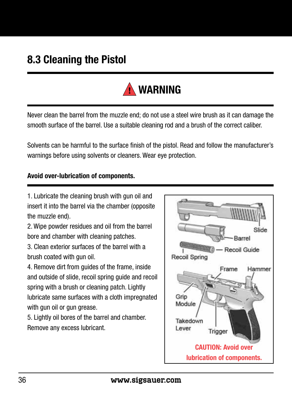 3 cleaning the pistol warning | SIG SAUER P250 User Manual | Page 36 / 68