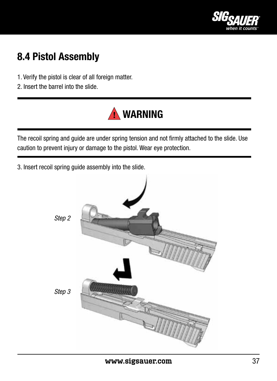 4 pistol assembly, Warning | SIG SAUER P250 User Manual | Page 37 / 68