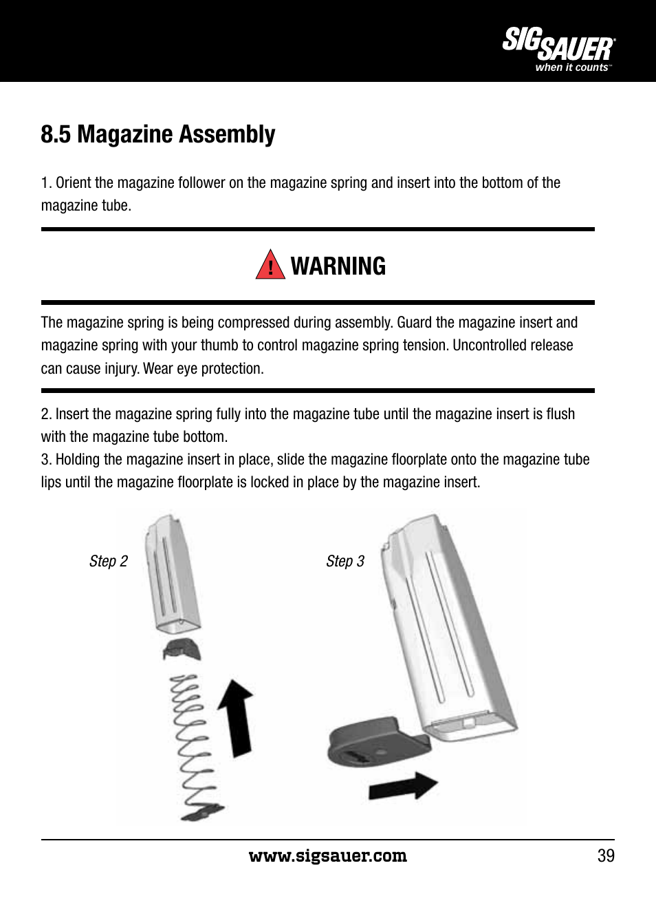 5 magazine assembly, Warning | SIG SAUER P250 User Manual | Page 39 / 68