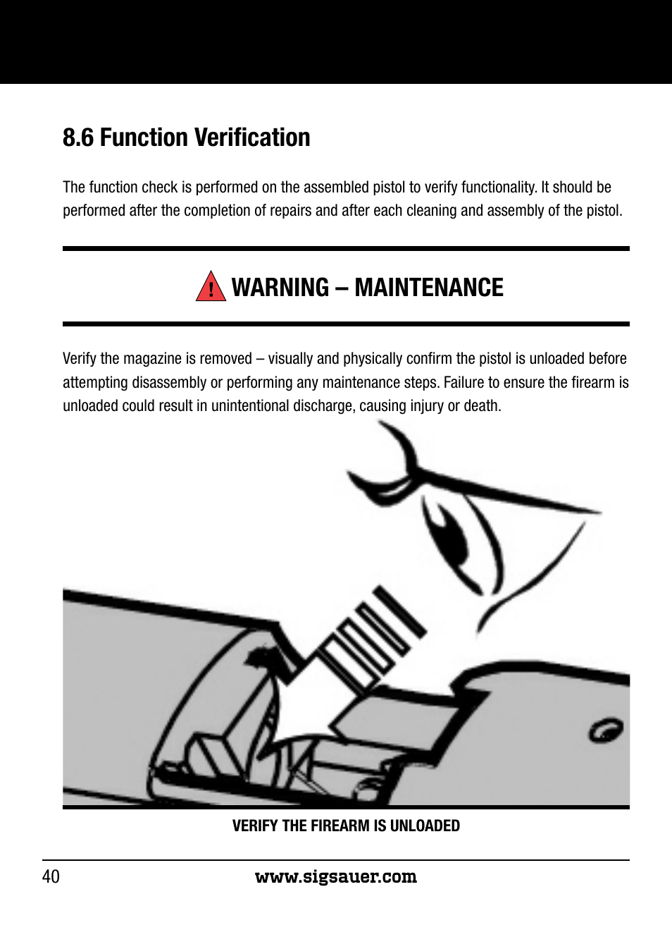 6 function verification, Warning – maintenance | SIG SAUER P250 User Manual | Page 40 / 68