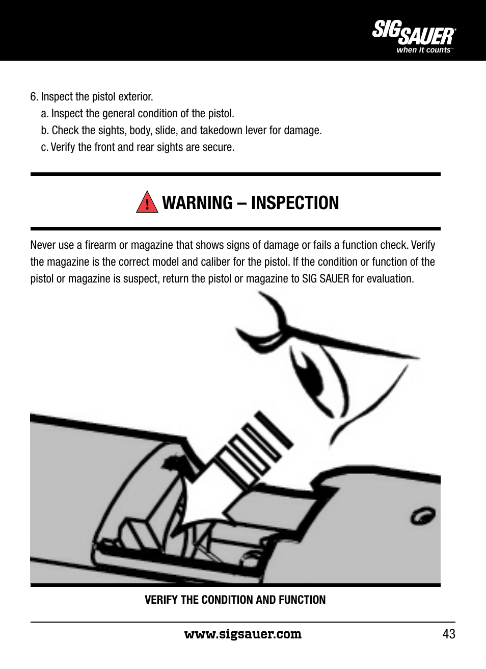 Warning – inspection | SIG SAUER P250 User Manual | Page 43 / 68