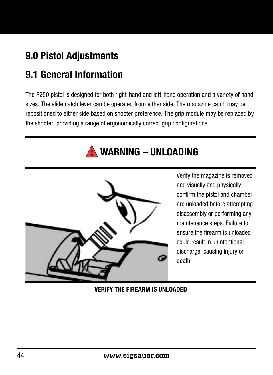 0 pistol adjustments 9.1 general information, Warning – unloading | SIG SAUER P250 User Manual | Page 44 / 68