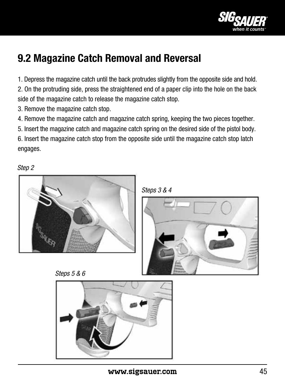 2 magazine catch removal and reversal | SIG SAUER P250 User Manual | Page 45 / 68