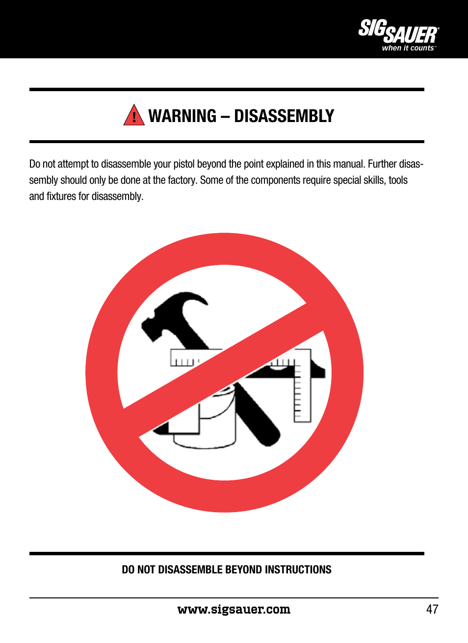 Warning – disassembly | SIG SAUER P250 User Manual | Page 47 / 68