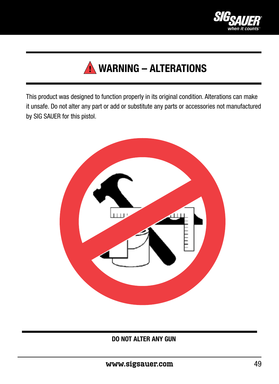Warning – alterations | SIG SAUER P250 User Manual | Page 49 / 68