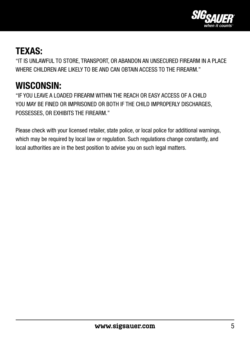 Texas, Wisconsin | SIG SAUER P250 User Manual | Page 5 / 68