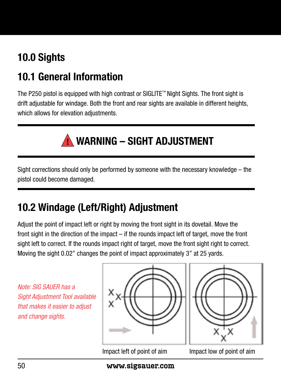 0 sights 10.1 general information, Warning – sight adjustment, 2 windage (left/right) adjustment | SIG SAUER P250 User Manual | Page 50 / 68
