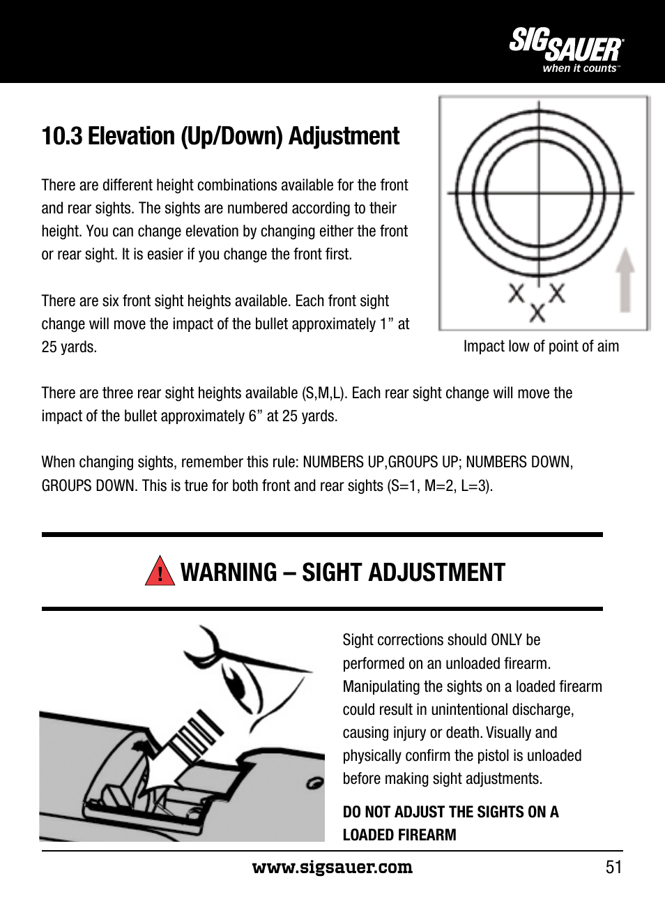 3 elevation (up/down) adjustment, Warning – sight adjustment | SIG SAUER P250 User Manual | Page 51 / 68