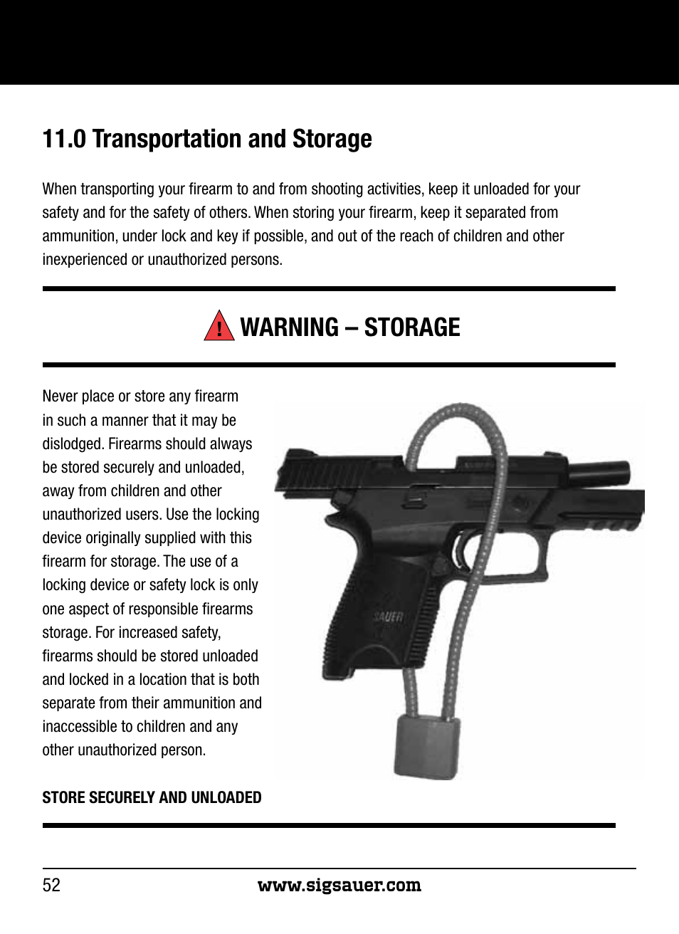0 transportation and storage, Warning – storage | SIG SAUER P250 User Manual | Page 52 / 68