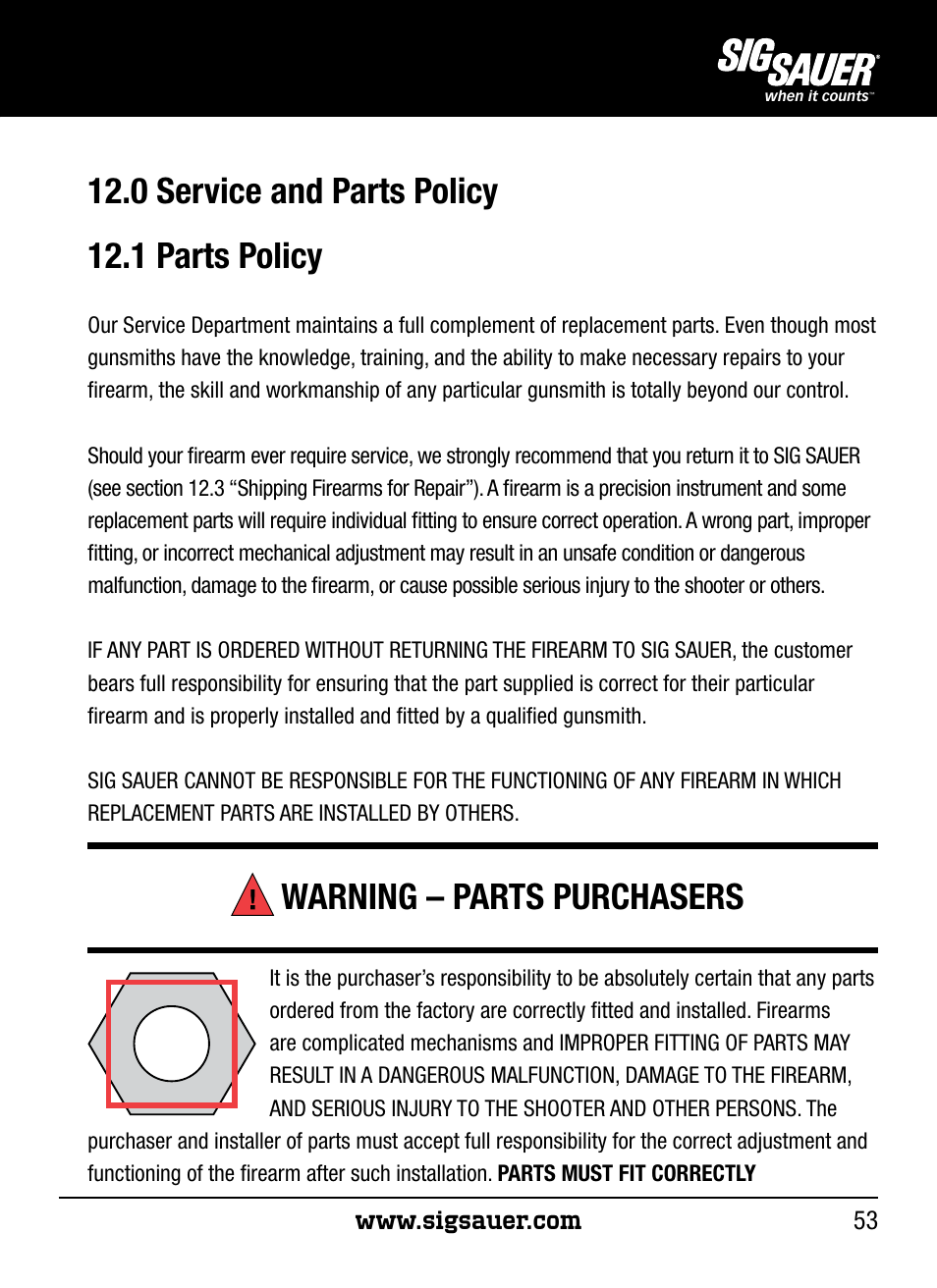 0 service and parts policy 12.1 parts policy, Warning – parts purchasers | SIG SAUER P250 User Manual | Page 53 / 68