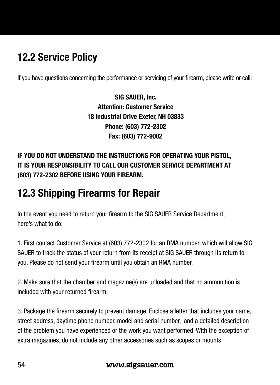 2 service policy, 3 shipping firearms for repair | SIG SAUER P250 User Manual | Page 54 / 68