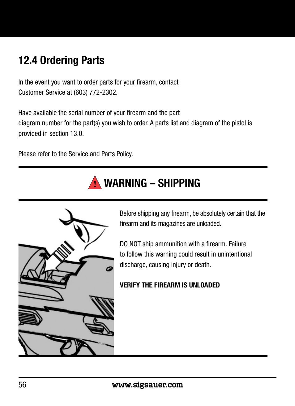 4 ordering parts, Warning – shipping | SIG SAUER P250 User Manual | Page 56 / 68