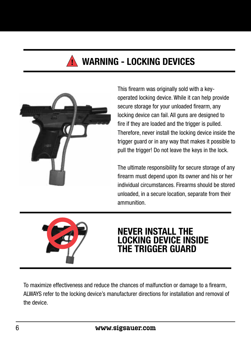 Warning - locking devices | SIG SAUER P250 User Manual | Page 6 / 68