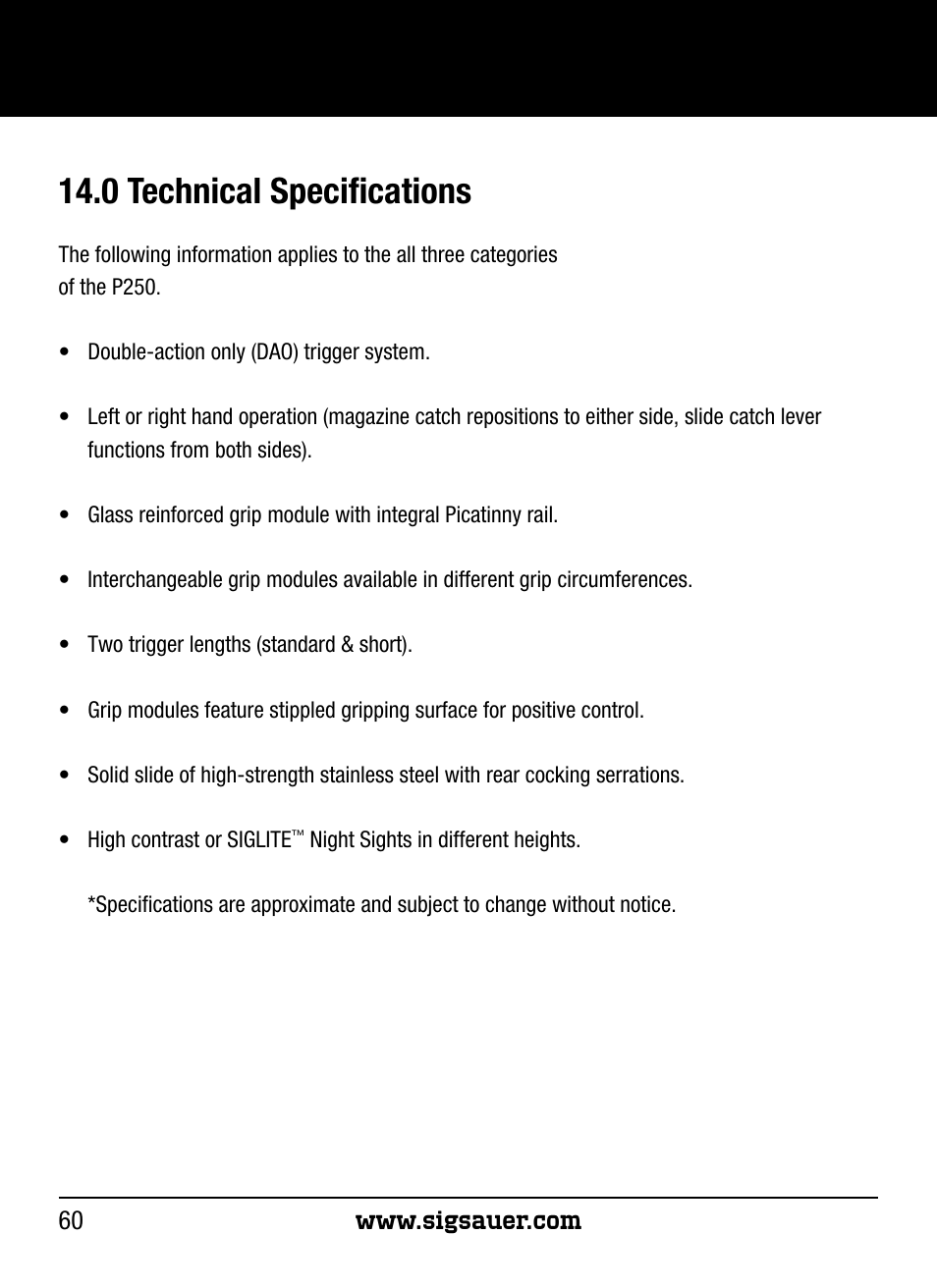 0 technical specifications | SIG SAUER P250 User Manual | Page 60 / 68
